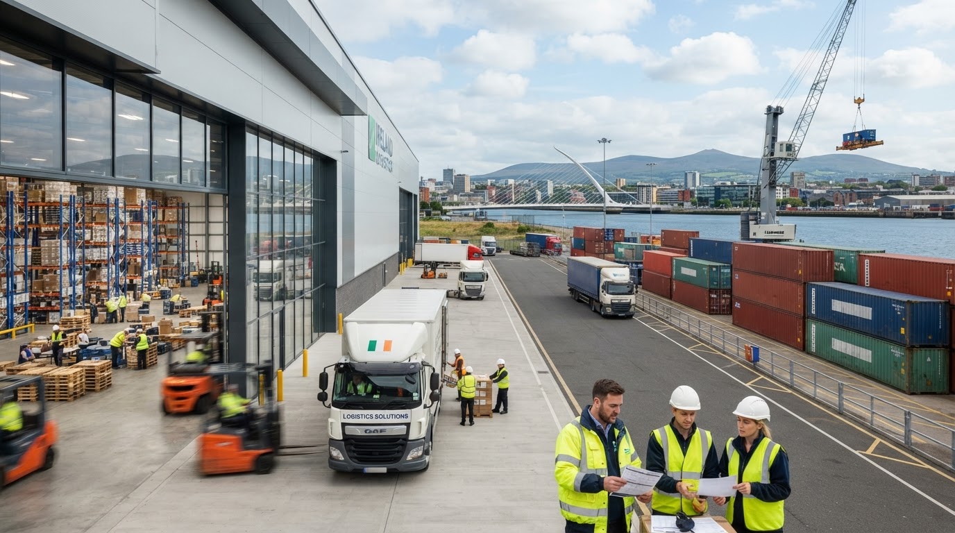 Modern logistics operations in Ireland with warehouse, trucks and shipping containers